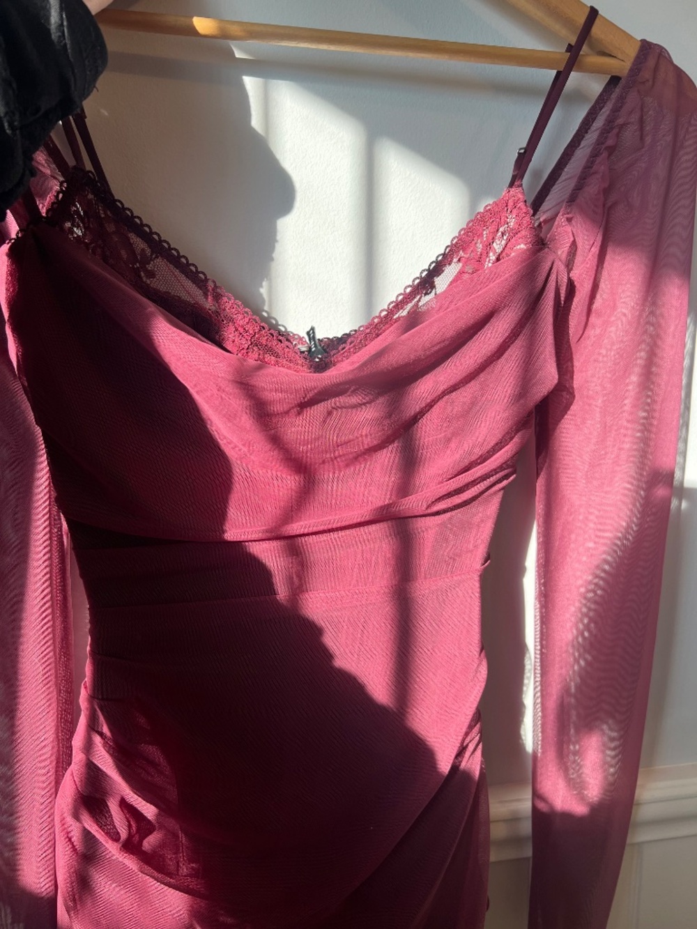 House of CB Burgundy Long Sleeve Mesh Gown - Picture 11 of 12